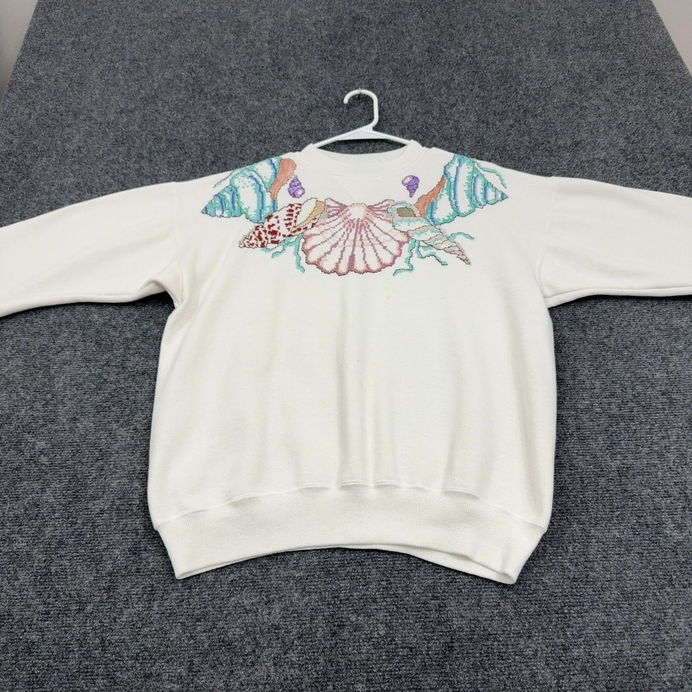 Vintage Hanes Sweatshirt L White Cotton Polyester Shell Embroidery Coastal Retro